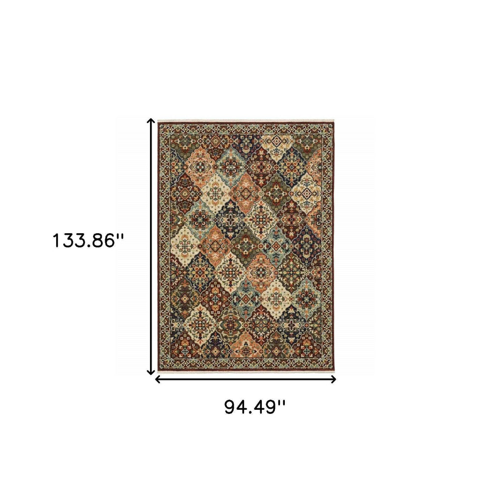 8' X 11' Red Rust Navy Light Blue Brown Orange Ivory And Gold Oriental Power Loom Stain Resistant Area Rug With Fringe - Homeroots - Flyclothing LLC