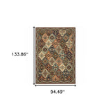 8' X 11' Red Rust Navy Light Blue Brown Orange Ivory And Gold Oriental Power Loom Stain Resistant Area Rug With Fringe - Homeroots - Flyclothing LLC