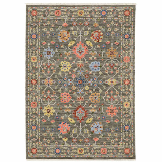 3' X 5' Grey Salmon Pink Gold Blue Rust Deep Blue Ivory And Green Oriental Power Loom Stain Resistant Area Rug With Fringe - Homeroots - Flyclothing LLC