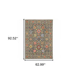 5' X 8' Grey Salmon Pink Gold Blue Rust Deep Blue Ivory And Green Oriental Power Loom Stain Resistant Area Rug With Fringe - Homeroots - Flyclothing LLC