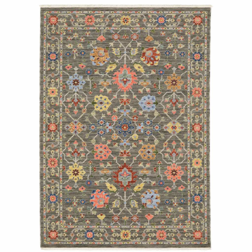 8' X 11' Grey Salmon Pink Gold Blue Rust Deep Blue Ivory And Green Oriental Power Loom Stain Resistant Area Rug With Fringe - Homeroots - Flyclothing LLC