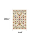 8' X 11' Ivory Salmon Pink Gold Blues Grey Rust And Green Oriental Power Loom Stain Resistant Area Rug With Fringe - Homeroots - Flyclothing LLC