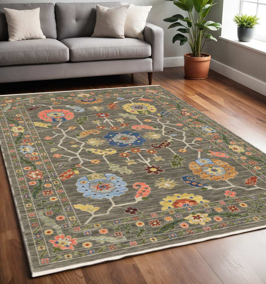 5' X 8' Grey Blue Pink Orange Rust Red Green And Ivory Oriental Power Loom Stain Resistant Area Rug With Fringe - Homeroots - Flyclothing LLC