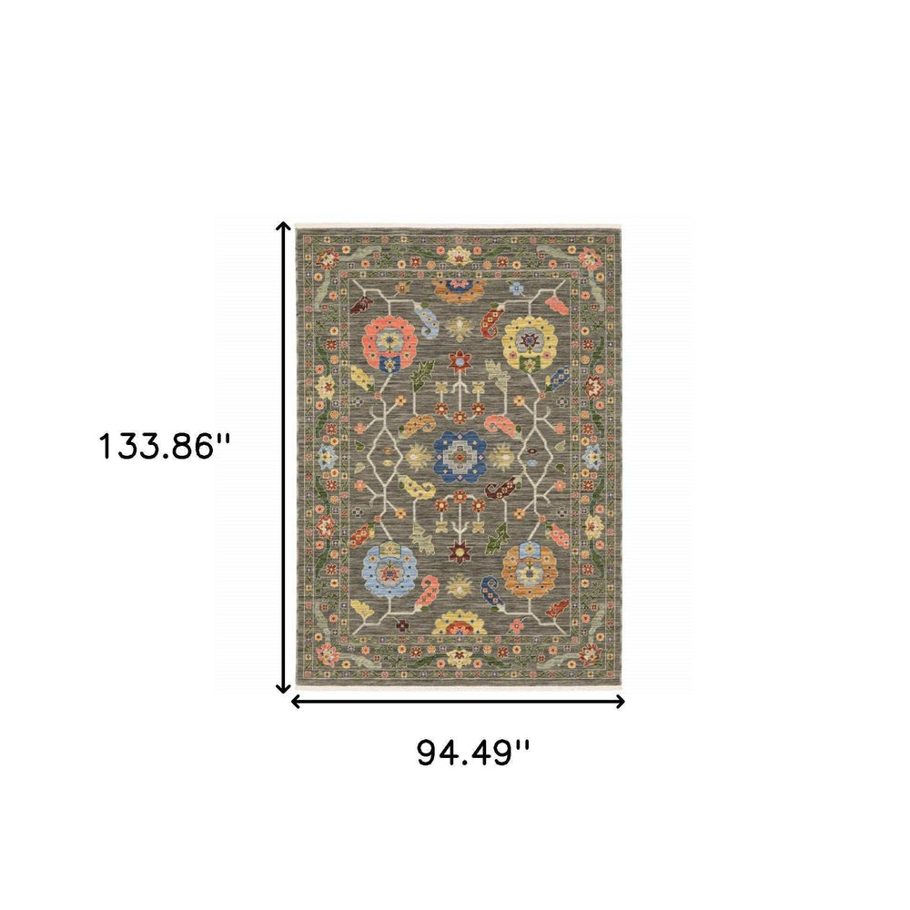 8' X 11' Grey Blue Pink Orange Rust Red Green And Ivory Oriental Power Loom Stain Resistant Area Rug With Fringe - Homeroots - Flyclothing LLC