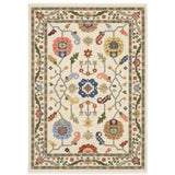 2' X 3' Ivory Green Blues Pink Yellow Rust Brown Tan And Grey Oriental Power Loom Stain Resistant Area Rug With Fringe - Homeroots - Flyclothing LLC