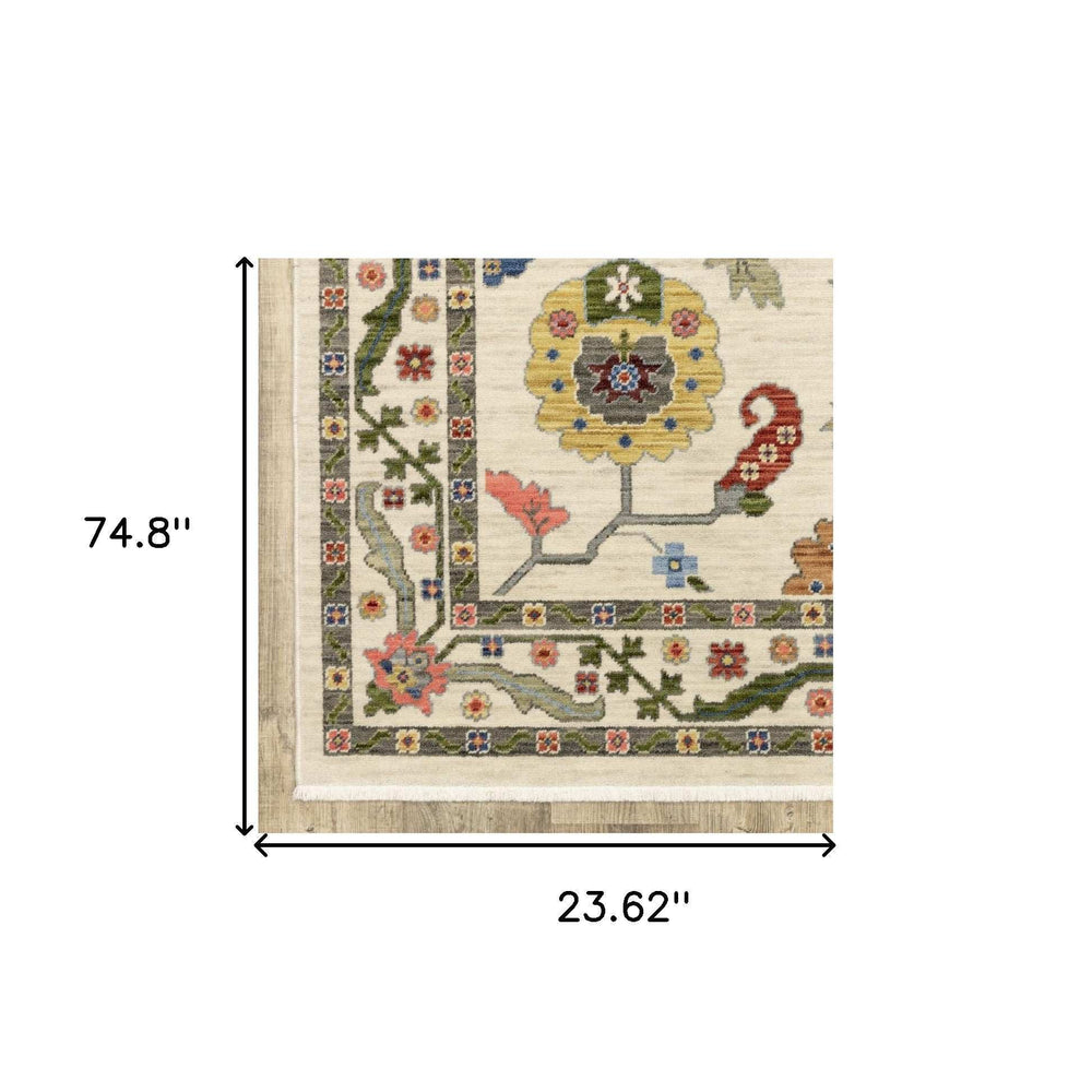 2' X 6' Ivory Green Blues Pink Yellow Rust Brown Tan And Grey Oriental Power Loom Stain Resistant Runner Rug With Fringe - Homeroots - Flyclothing LLC