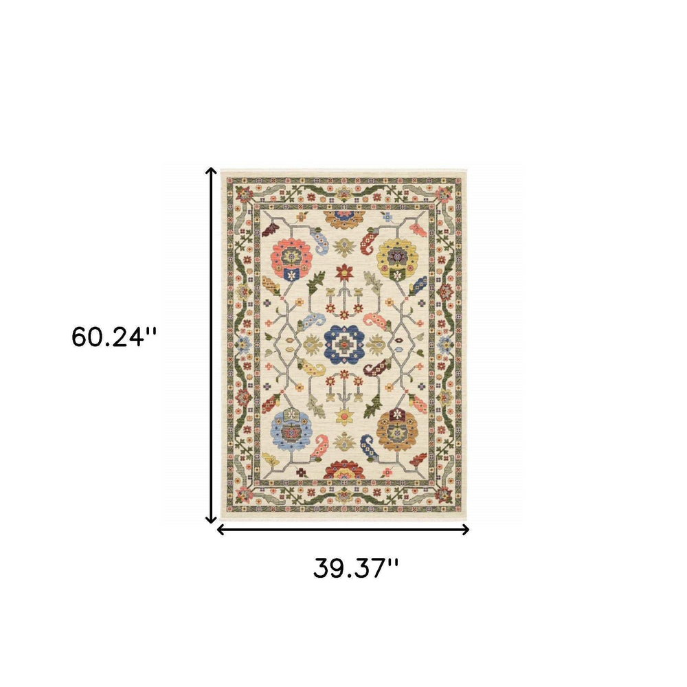 3' X 5' Ivory Green Blues Pink Yellow Rust Brown Tan And Grey Oriental Power Loom Stain Resistant Area Rug With Fringe - Homeroots - Flyclothing LLC