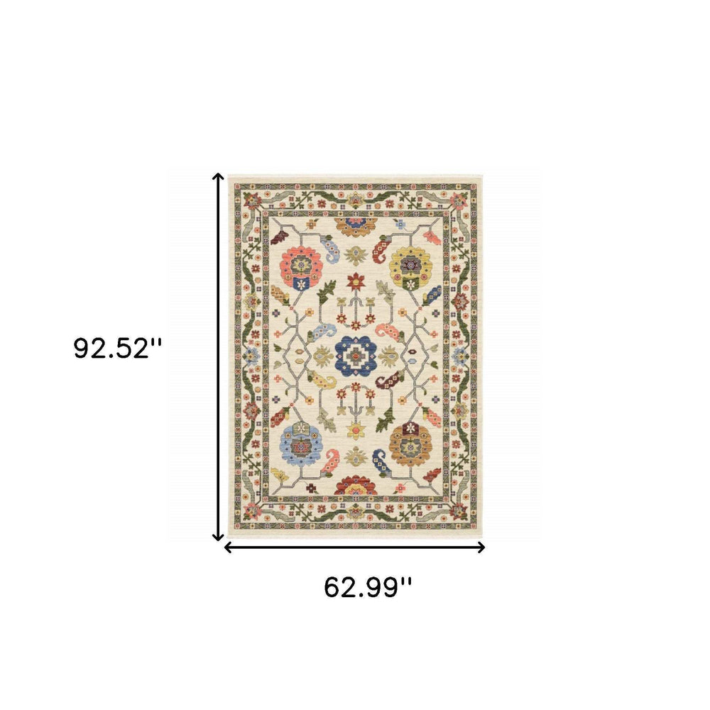 5' X 8' Ivory Green Blues Pink Yellow Rust Brown Tan And Grey Oriental Power Loom Stain Resistant Area Rug With Fringe - Homeroots - Flyclothing LLC