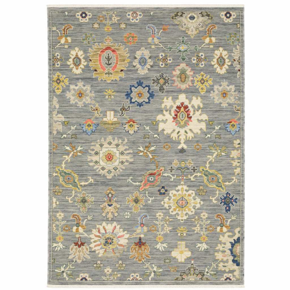 6' X 9' Grey Ivory Gold Salmon Red Blue And Green Oriental Power Loom Stain Resistant Area Rug With Fringe - Homeroots - Flyclothing LLC