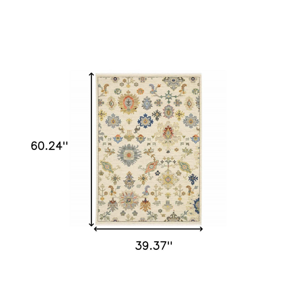 3' X 5' Ivory Beige Gold Grey Blue Pink Red Rust And Green Oriental Power Loom Stain Resistant Area Rug With Fringe - Homeroots - Flyclothing LLC