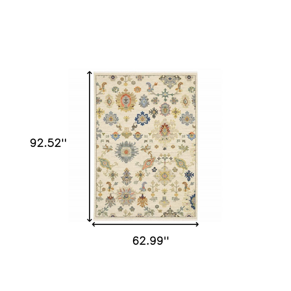 5' X 8' Ivory Beige Gold Grey Blue Pink Red Rust And Green Oriental Power Loom Stain Resistant Area Rug With Fringe - Homeroots - Flyclothing LLC