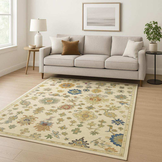 6' X 9' Ivory Beige Gold Grey Blue Pink Red Rust And Green Oriental Power Loom Stain Resistant Area Rug With Fringe - Homeroots - Flyclothing LLC