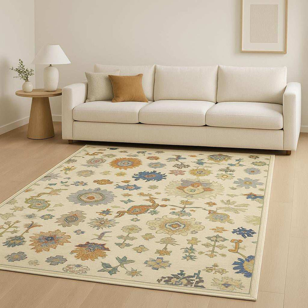 8' X 11' Ivory Beige Gold Grey Blue Pink Red Rust And Green Oriental Power Loom Stain Resistant Area Rug With Fringe - Homeroots - Flyclothing LLC