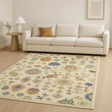 8' X 11' Ivory Beige Gold Grey Blue Pink Red Rust And Green Oriental Power Loom Stain Resistant Area Rug With Fringe - Homeroots - Flyclothing LLC