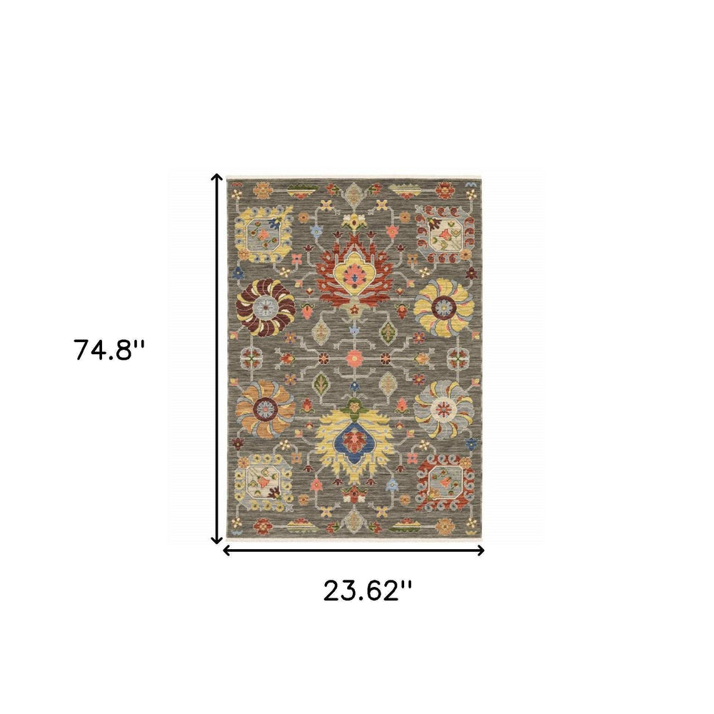 2' X 6' Grey Charcoal Yellow Blue Rust Red Pink Green And Ivory Oriental Power Loom Stain Resistant Runner Rug With Fringe - Homeroots - Flyclothing LLC
