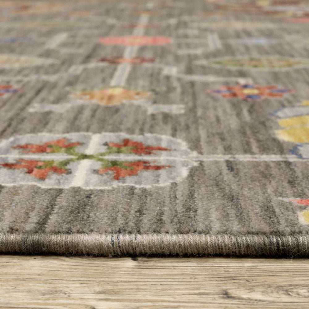 2' X 6' Grey Charcoal Yellow Blue Rust Red Pink Green And Ivory Oriental Power Loom Stain Resistant Runner Rug With Fringe - Homeroots - Flyclothing LLC