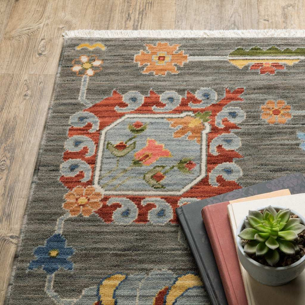 2' X 6' Grey Charcoal Yellow Blue Rust Red Pink Green And Ivory Oriental Power Loom Stain Resistant Runner Rug With Fringe - Homeroots - Flyclothing LLC