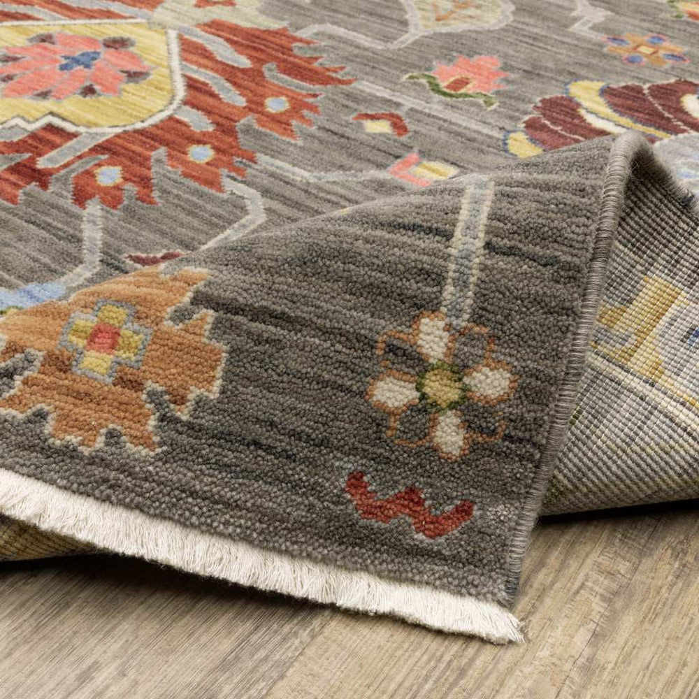 10' X 13' Grey Charcoal Yellow Blue Rust Red Pink Green And Ivory Oriental Power Loom Stain Resistant Area Rug With Fringe - Homeroots - Flyclothing LLC