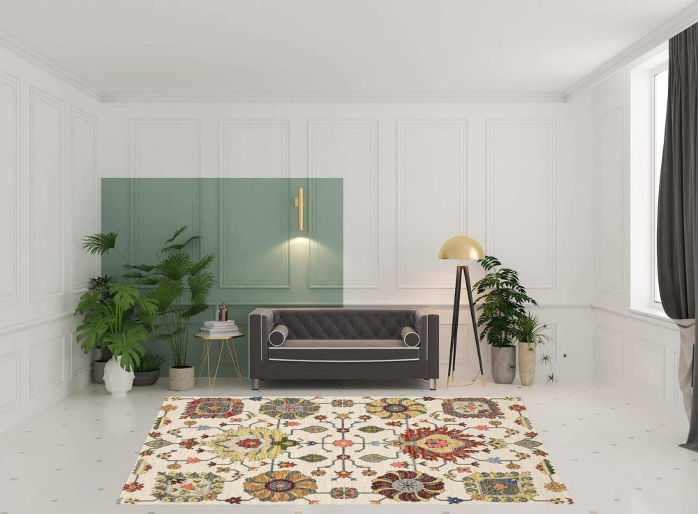 8' X 11' Ivory Yellow Rust Green Grey Pink Orange Blue And Grey Oriental Power Loom Stain Resistant Area Rug With Fringe - Homeroots - Flyclothing LLC