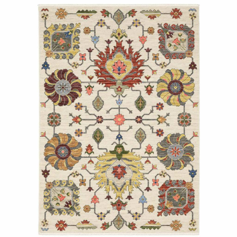 10' X 13' Ivory Yellow Rust Green Grey Pink Orange Blue And Grey Oriental Power Loom Stain Resistant Area Rug With Fringe - Homeroots - Flyclothing LLC