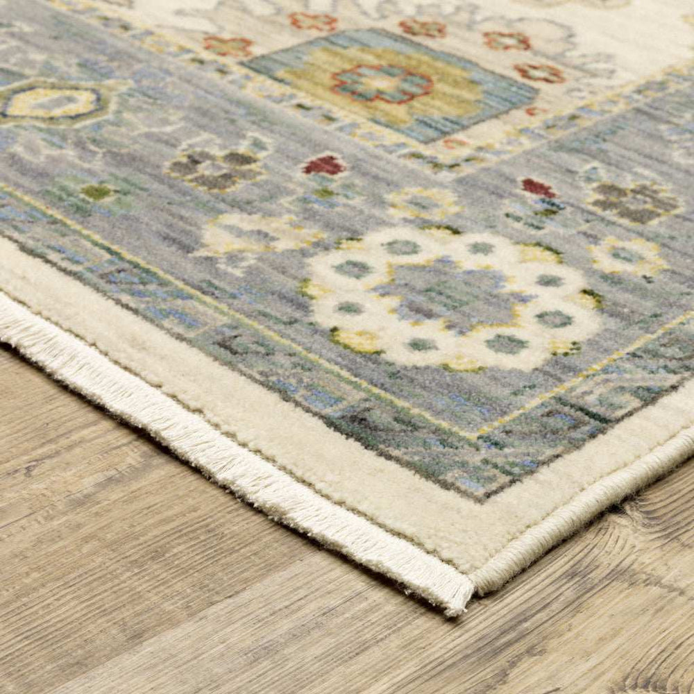 2' X 3' Ivory Blue Grey Teal Gold Green And Rust Oriental Power Loom Stain Resistant Area Rug With Fringe - Homeroots - Flyclothing LLC