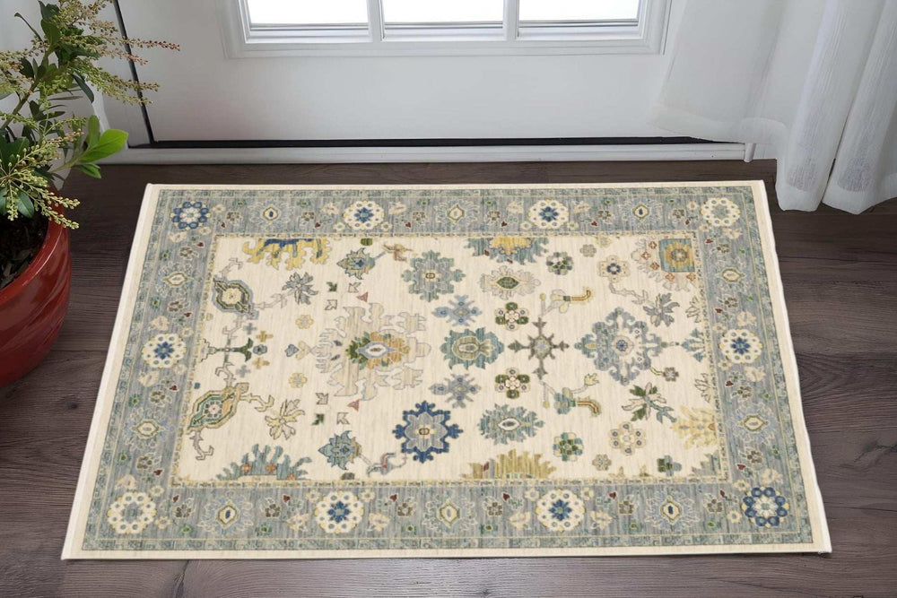 3' X 5' Ivory Blue Grey Teal Gold Green And Rust Oriental Power Loom Stain Resistant Area Rug With Fringe - Homeroots - Flyclothing LLC