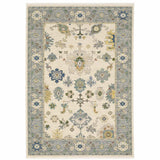 3' X 5' Ivory Blue Grey Teal Gold Green And Rust Oriental Power Loom Stain Resistant Area Rug With Fringe - Homeroots - Flyclothing LLC