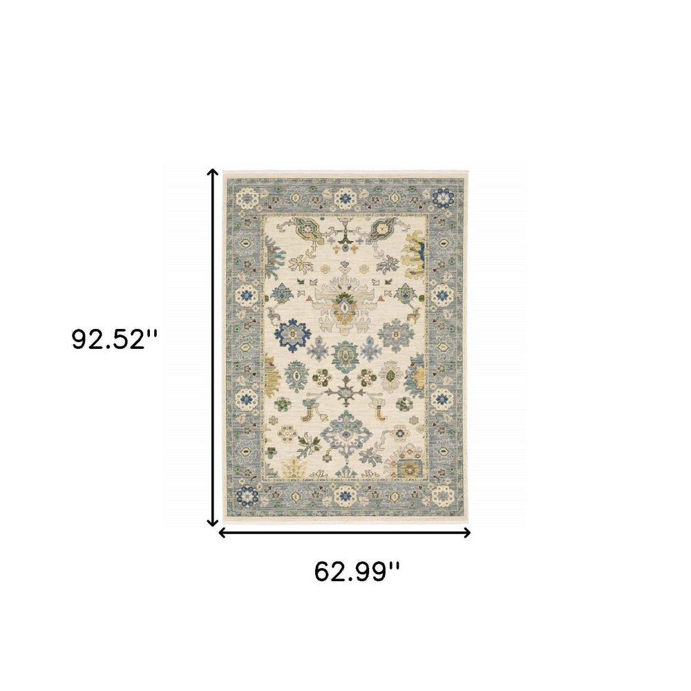 5' X 8' Ivory Blue Grey Teal Gold Green And Rust Oriental Power Loom Stain Resistant Area Rug With Fringe - Homeroots - Flyclothing LLC