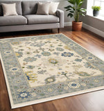 5' X 8' Ivory Blue Grey Teal Gold Green And Rust Oriental Power Loom Stain Resistant Area Rug With Fringe - Homeroots - Flyclothing LLC