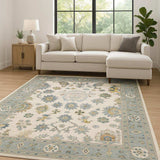 8' X 11' Ivory Blue Grey Teal Gold Green And Rust Oriental Power Loom Stain Resistant Area Rug With Fringe - Homeroots - Flyclothing LLC