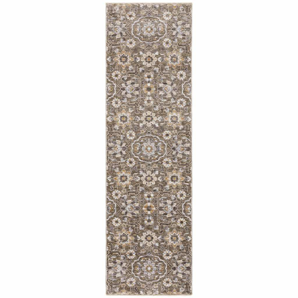 2' X 8' Grey And Tan Floral Power Loom Stain Resistant Runner Rug With Fringe - Homeroots - Flyclothing LLC