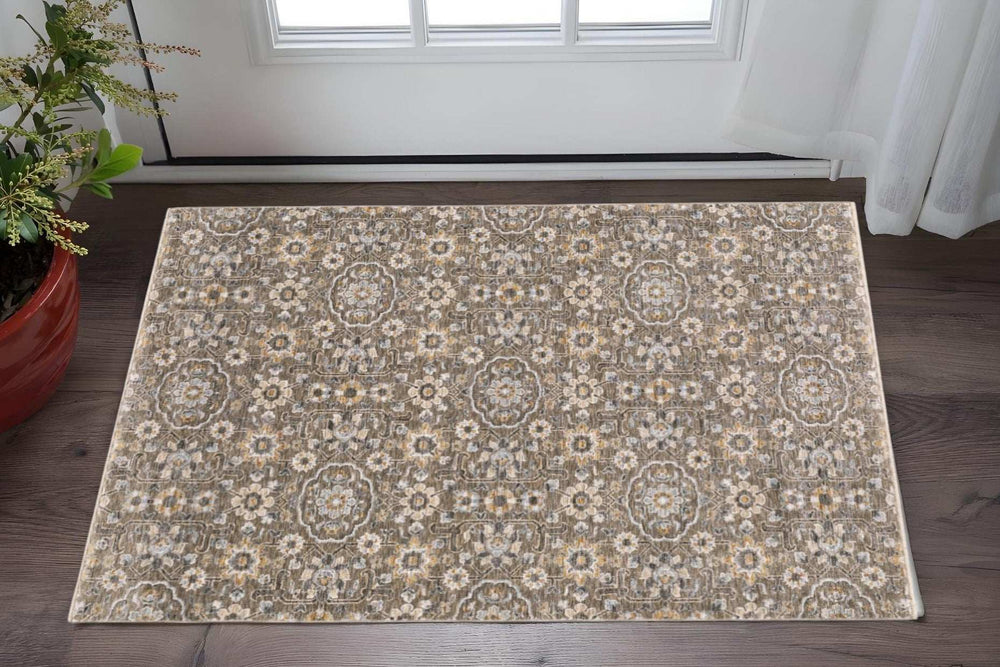 3' X 5' Grey And Tan Floral Power Loom Stain Resistant Area Rug With Fringe - Homeroots - Flyclothing LLC