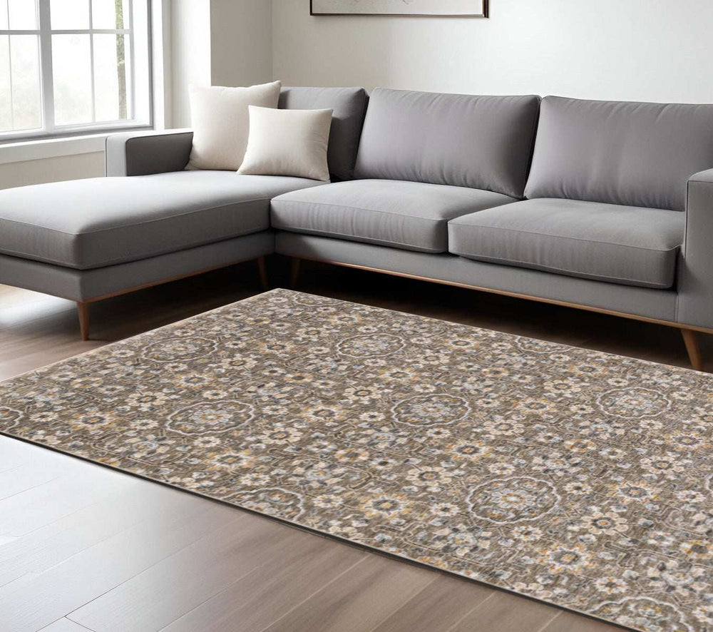 8' X 11' Grey And Tan Floral Power Loom Stain Resistant Area Rug With Fringe - Homeroots - Flyclothing LLC