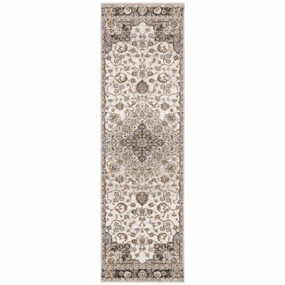 2' X 8' Ivory And Blue Oriental Power Loom Stain Resistant Runner Rug With Fringe - Homeroots - Flyclothing LLC