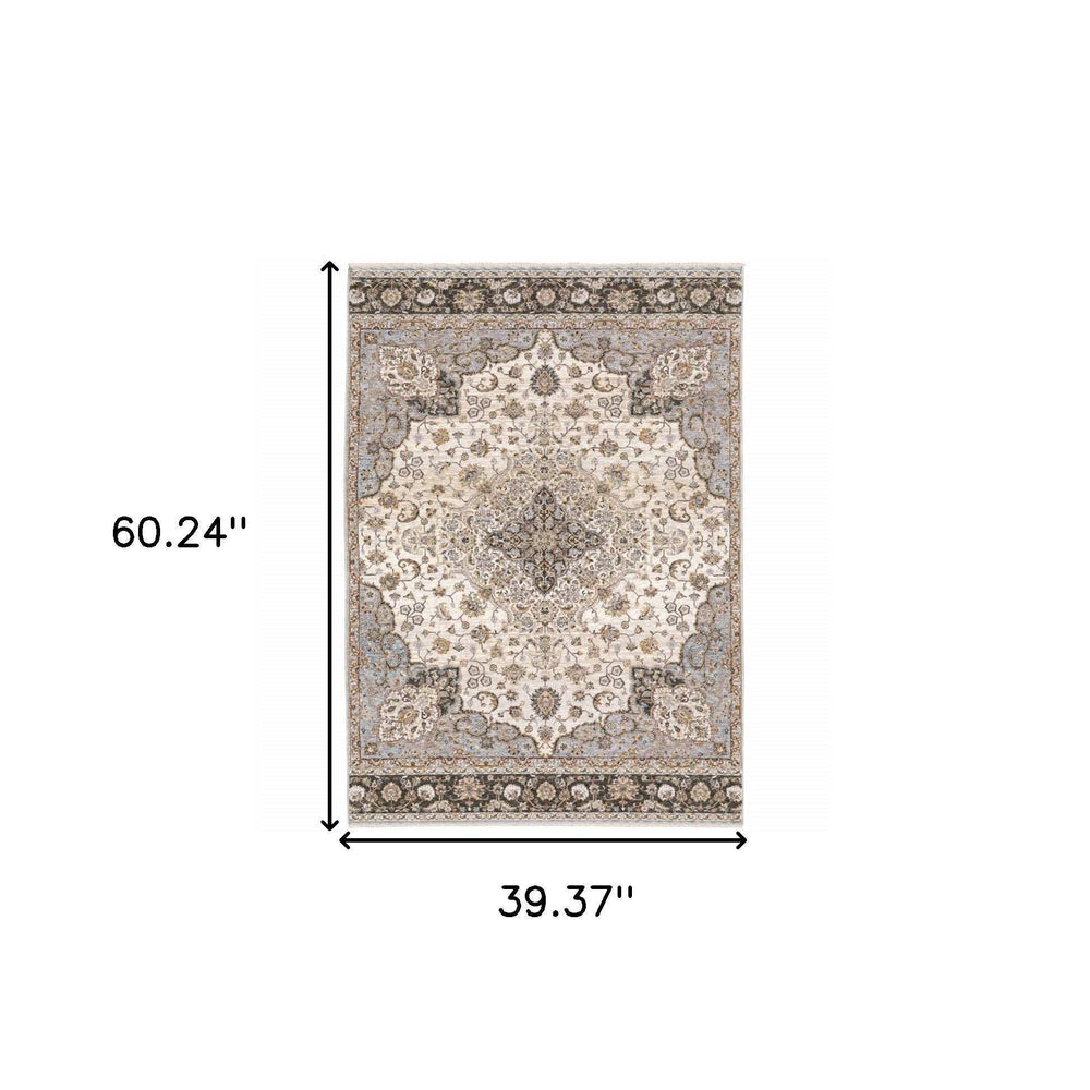 3' X 5' Ivory And Blue Oriental Power Loom Stain Resistant Area Rug With Fringe - Homeroots - Flyclothing LLC
