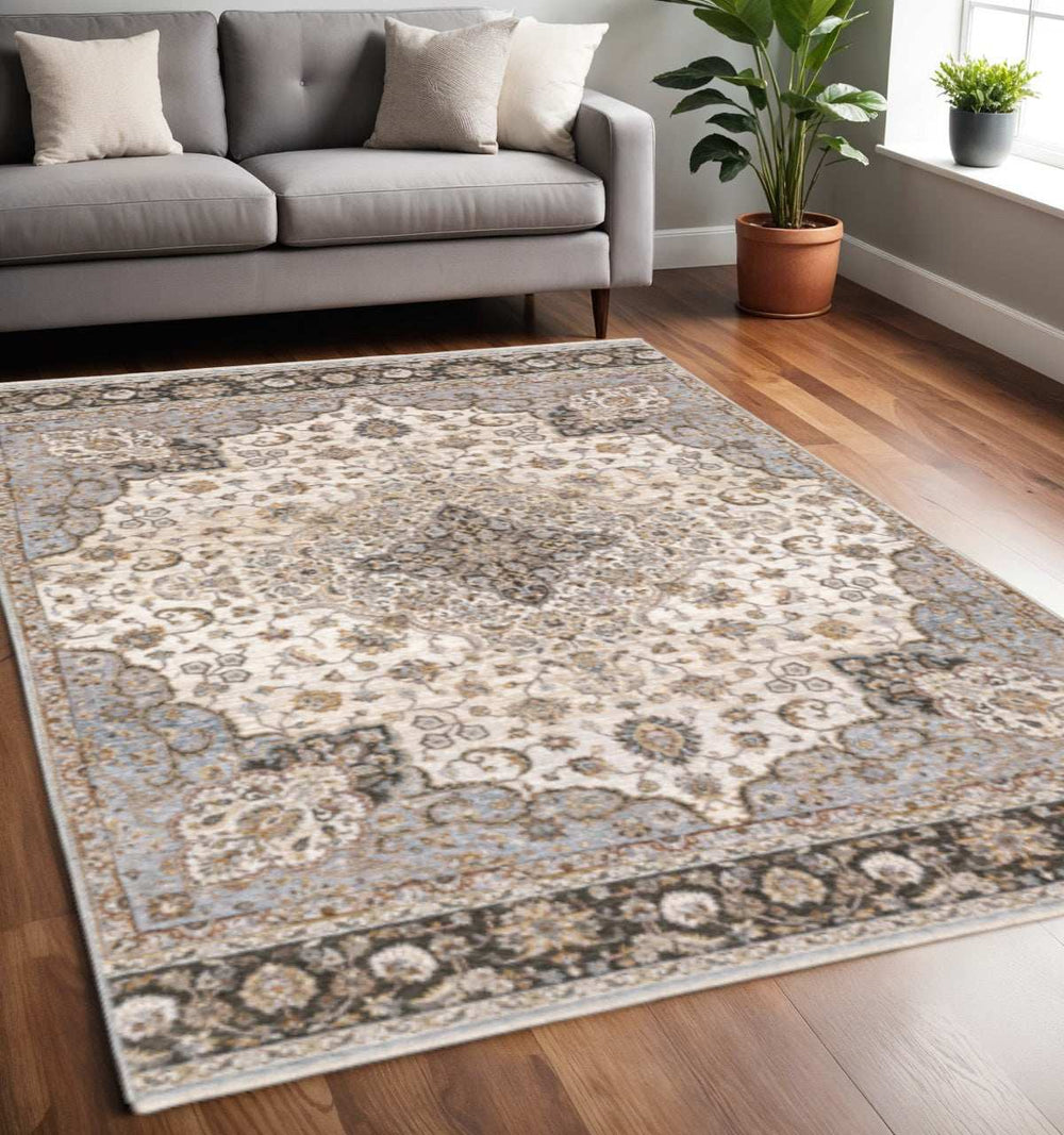 5' X 8' Ivory And Blue Oriental Power Loom Stain Resistant Area Rug With Fringe - Homeroots - Flyclothing LLC