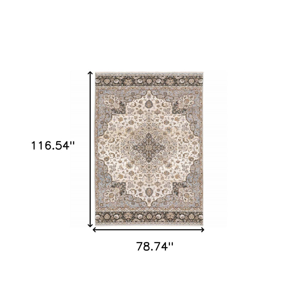 6' X 9' Ivory And Blue Oriental Power Loom Stain Resistant Area Rug With Fringe - Homeroots - Flyclothing LLC