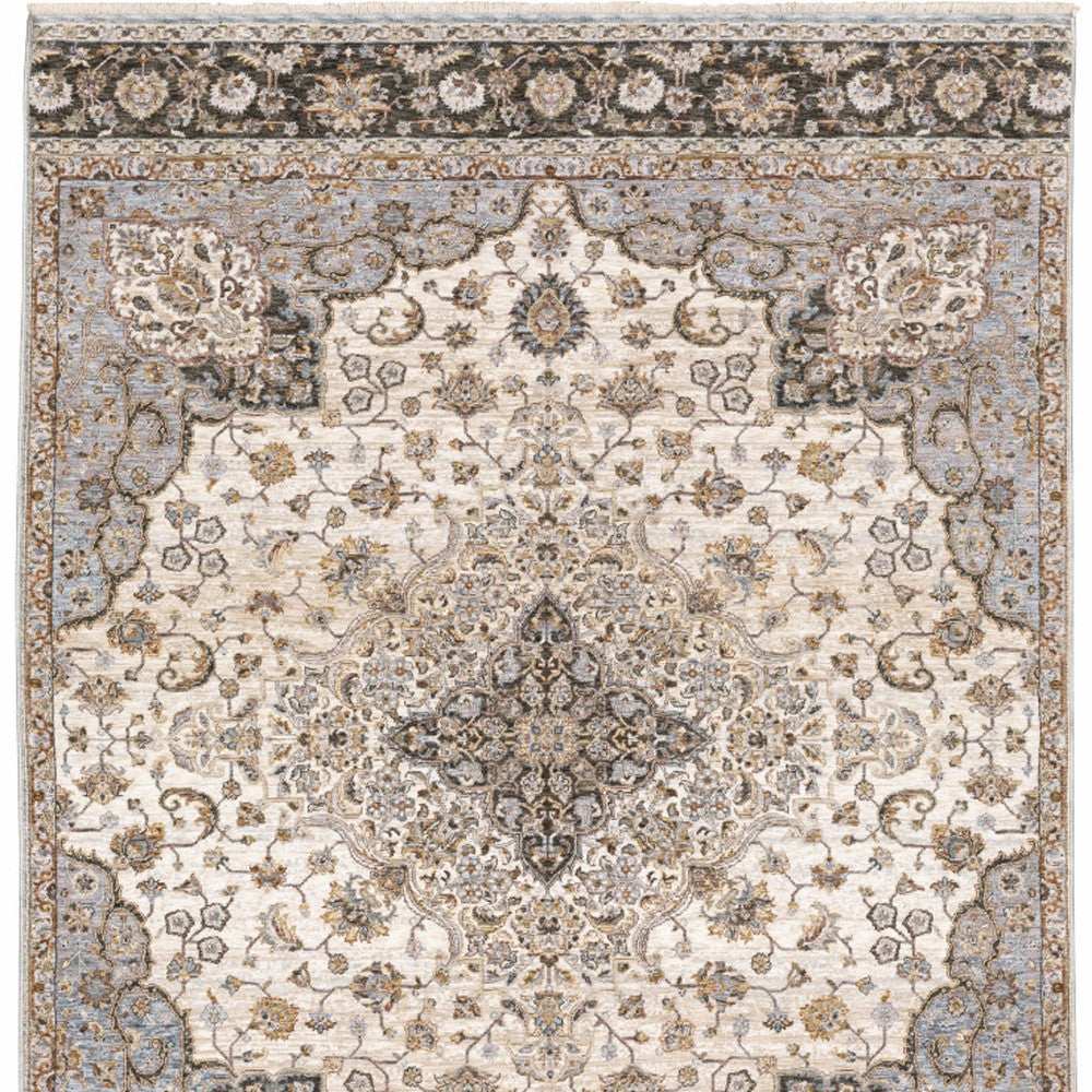 10' X 13' Ivory And Blue Oriental Power Loom Stain Resistant Area Rug With Fringe - Homeroots - Flyclothing LLC