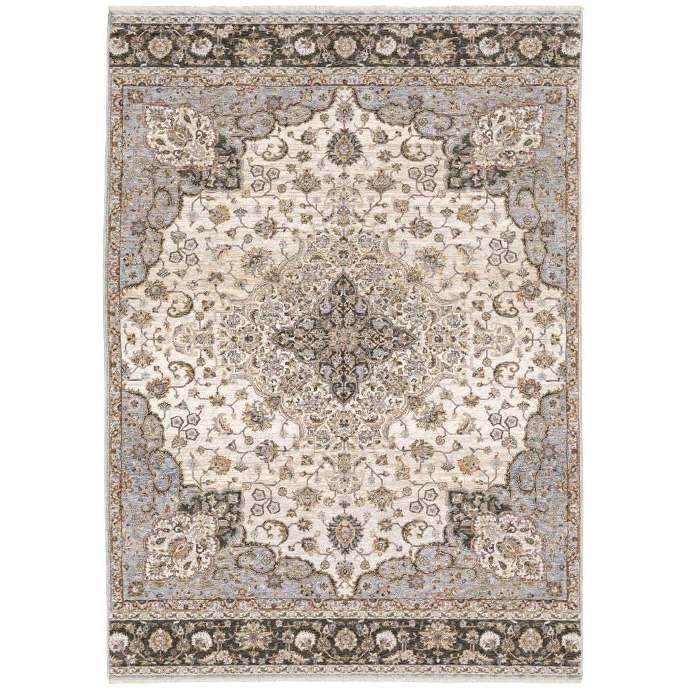 10' X 13' Ivory And Blue Oriental Power Loom Stain Resistant Area Rug With Fringe - Homeroots - Flyclothing LLC