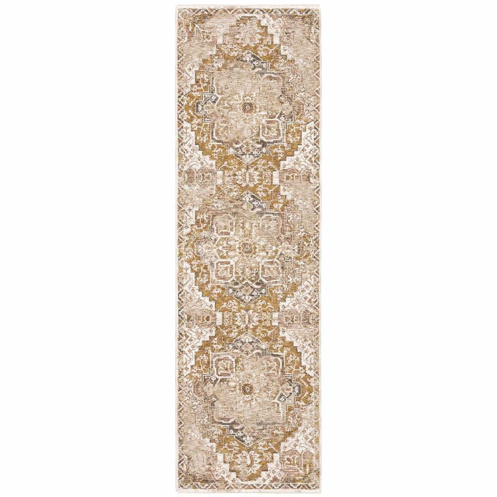 2' X 8' Gold And Ivory Oriental Power Loom Stain Resistant Runner Rug With Fringe - Homeroots - Flyclothing LLC