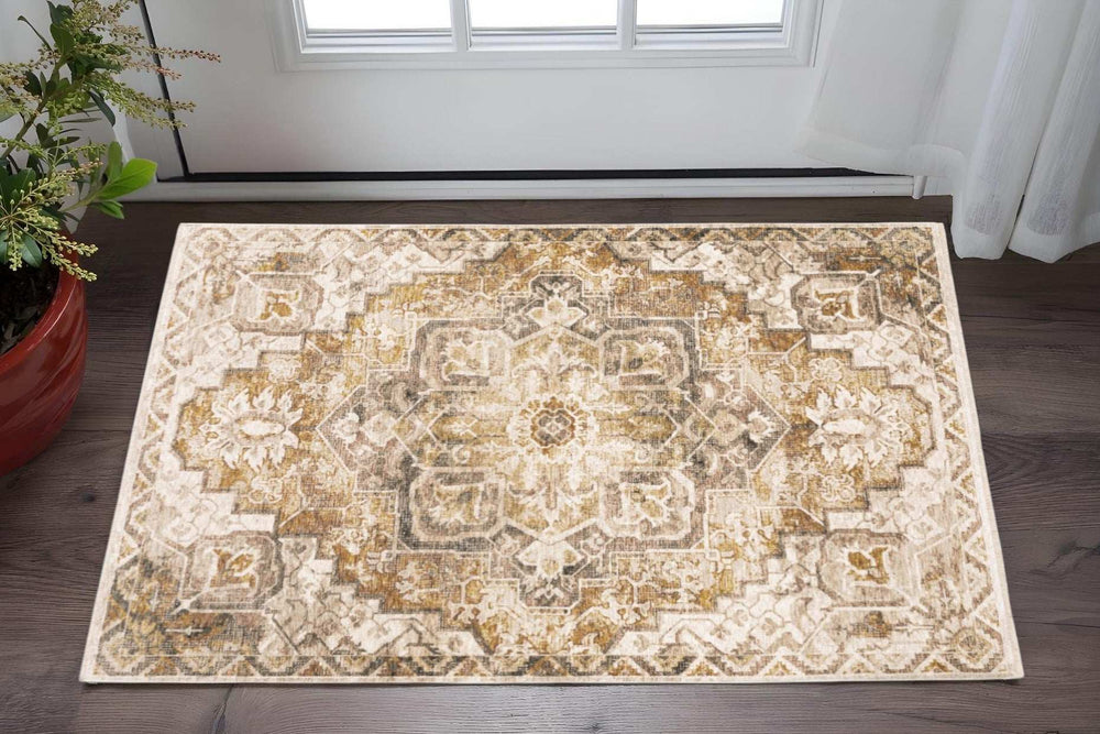 3' X 5' Gold And Ivory Oriental Power Loom Stain Resistant Area Rug With Fringe - Homeroots - Flyclothing LLC