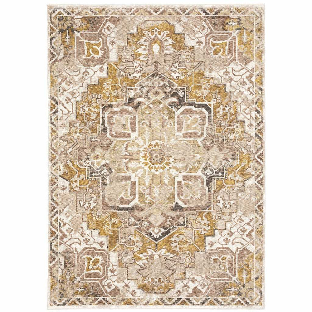 8' X 11' Gold And Ivory Oriental Power Loom Stain Resistant Area Rug With Fringe - Homeroots - Flyclothing LLC