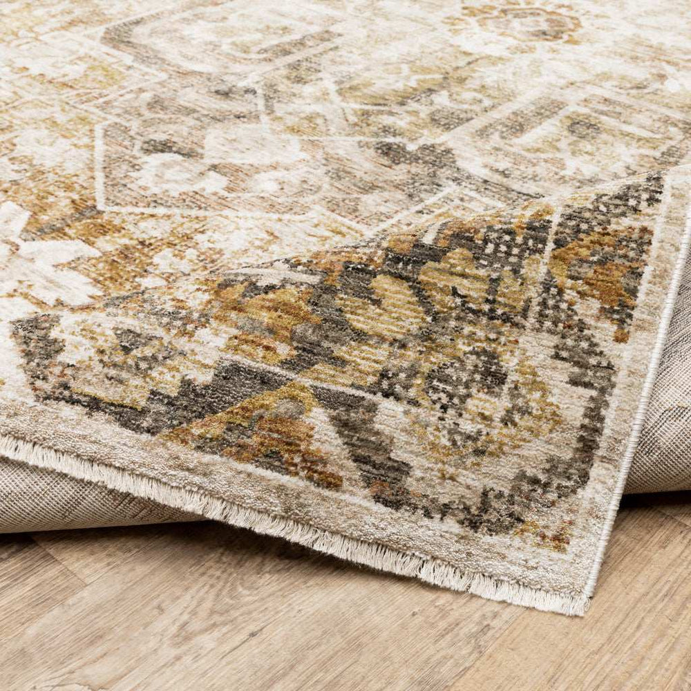 10' X 13' Gold And Ivory Oriental Power Loom Stain Resistant Area Rug With Fringe - Homeroots - Flyclothing LLC