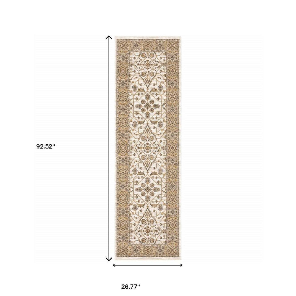 2' X 8' Ivory And Gold Oriental Power Loom Stain Resistant Runner Rug With Fringe - Homeroots - Flyclothing LLC