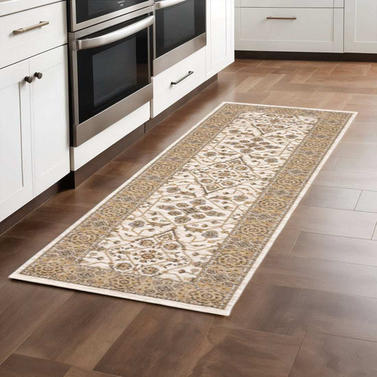 2' X 8' Ivory And Gold Oriental Power Loom Stain Resistant Runner Rug With Fringe - Homeroots - Flyclothing LLC