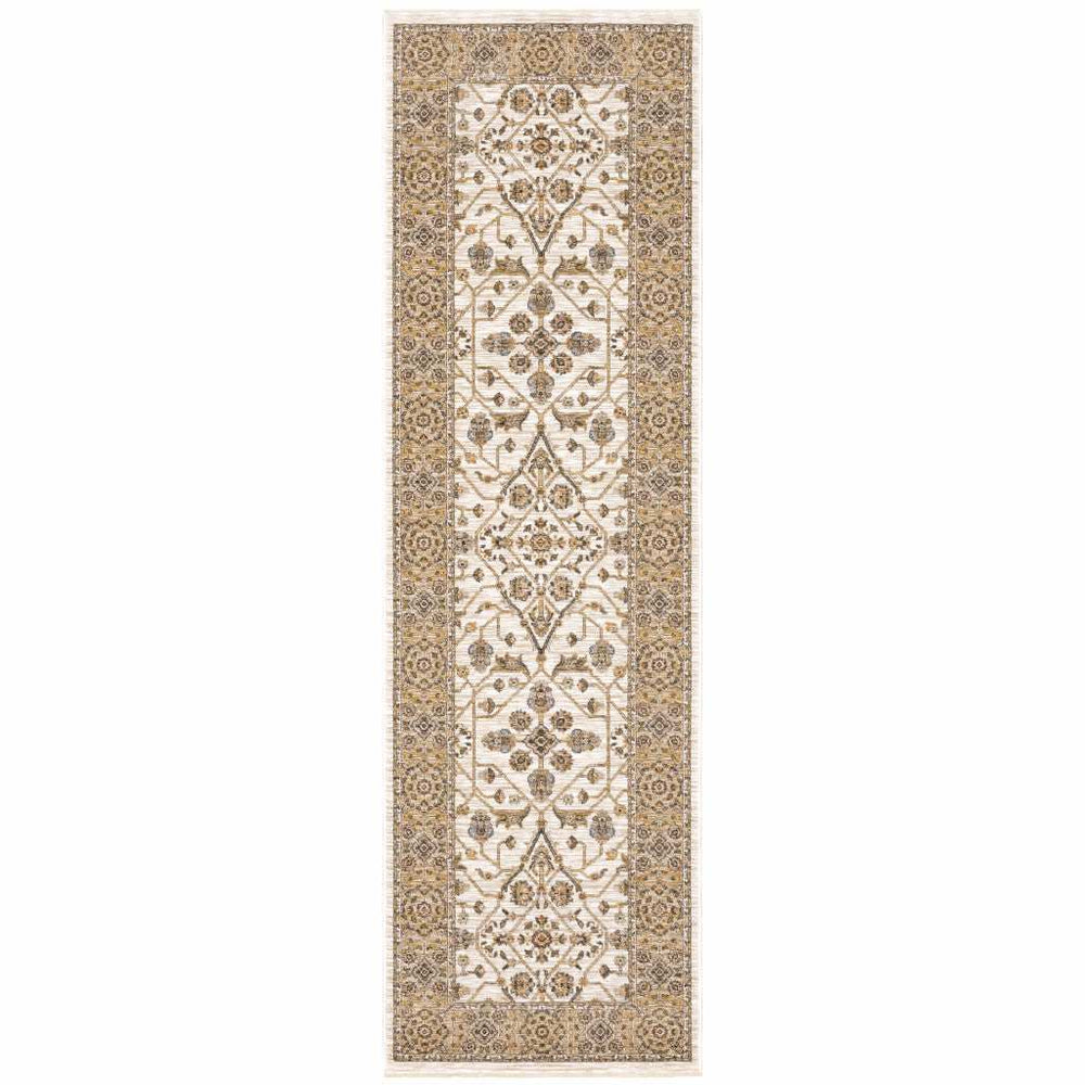 2' X 8' Ivory And Gold Oriental Power Loom Stain Resistant Runner Rug With Fringe - Homeroots - Flyclothing LLC