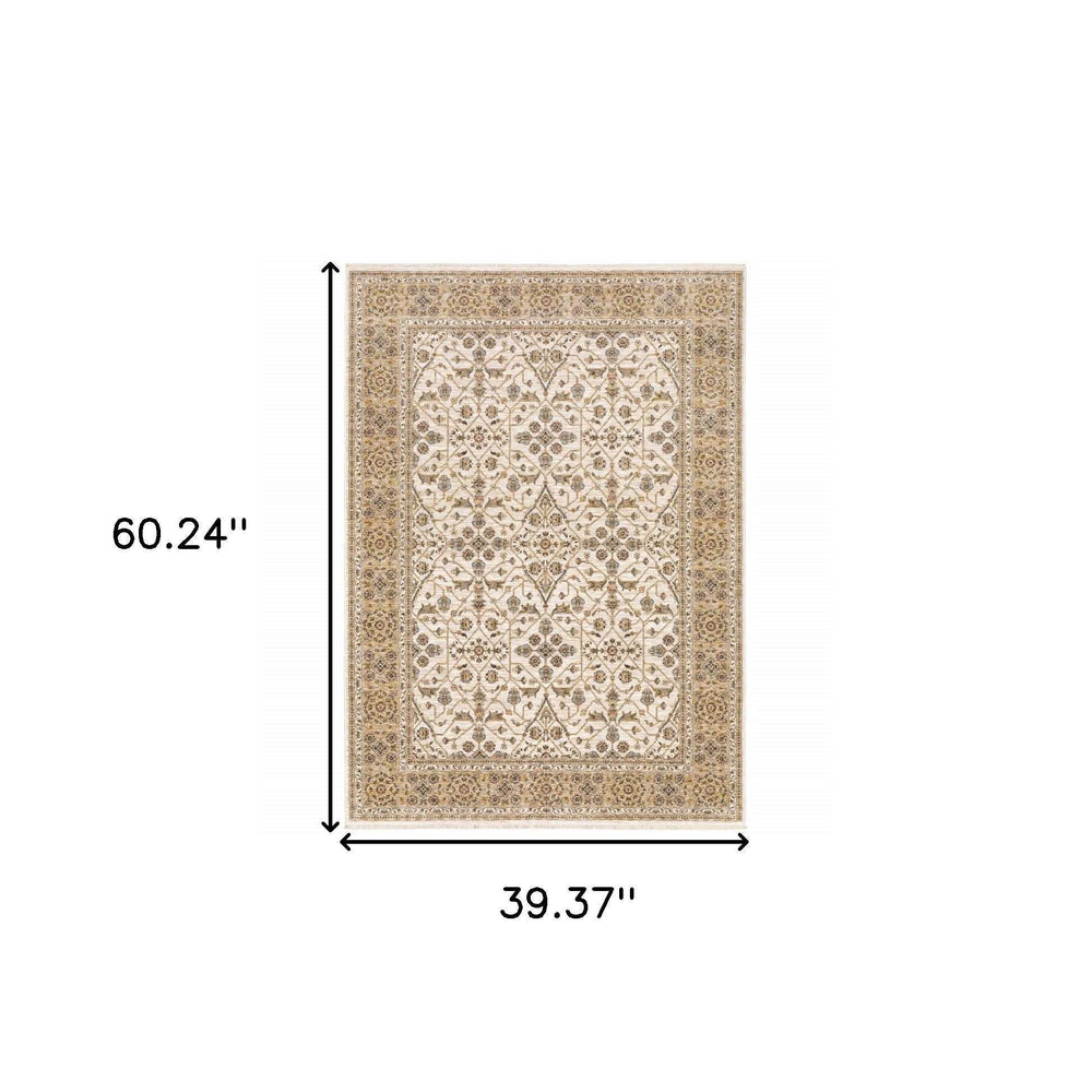 3' X 5' Ivory And Gold Oriental Power Loom Stain Resistant Area Rug With Fringe - Homeroots - Flyclothing LLC