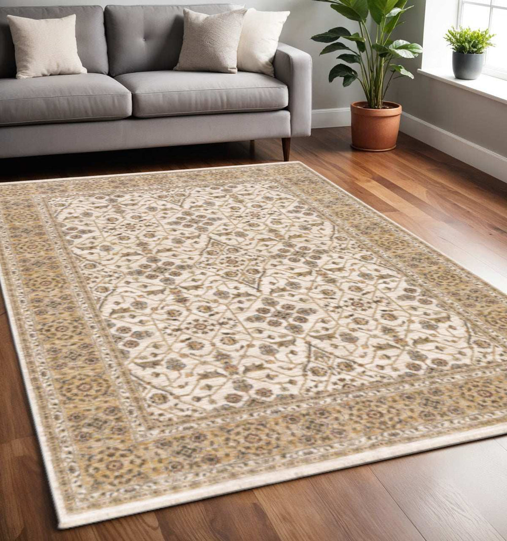5' X 8' Ivory And Gold Oriental Power Loom Stain Resistant Area Rug With Fringe - Homeroots - Flyclothing LLC