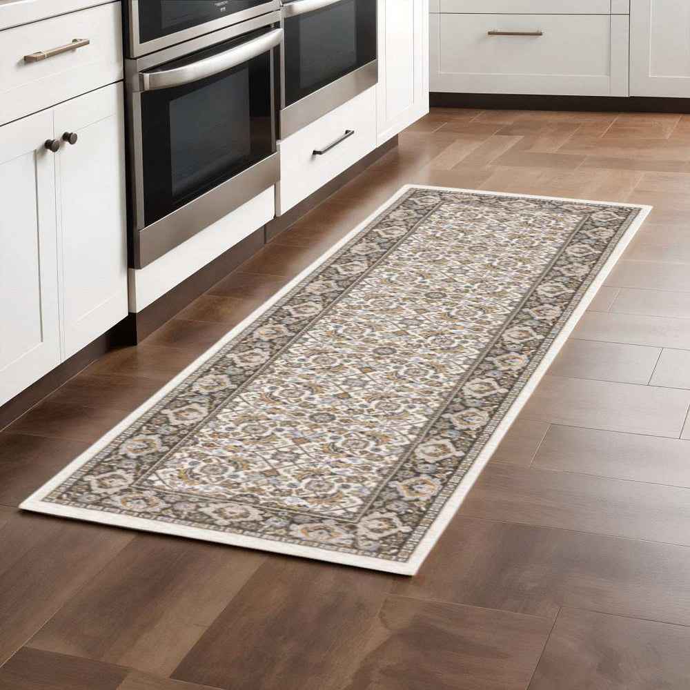 2' X 8' Ivory And Grey Oriental Power Loom Stain Resistant Runner Rug With Fringe - Homeroots - Flyclothing LLC