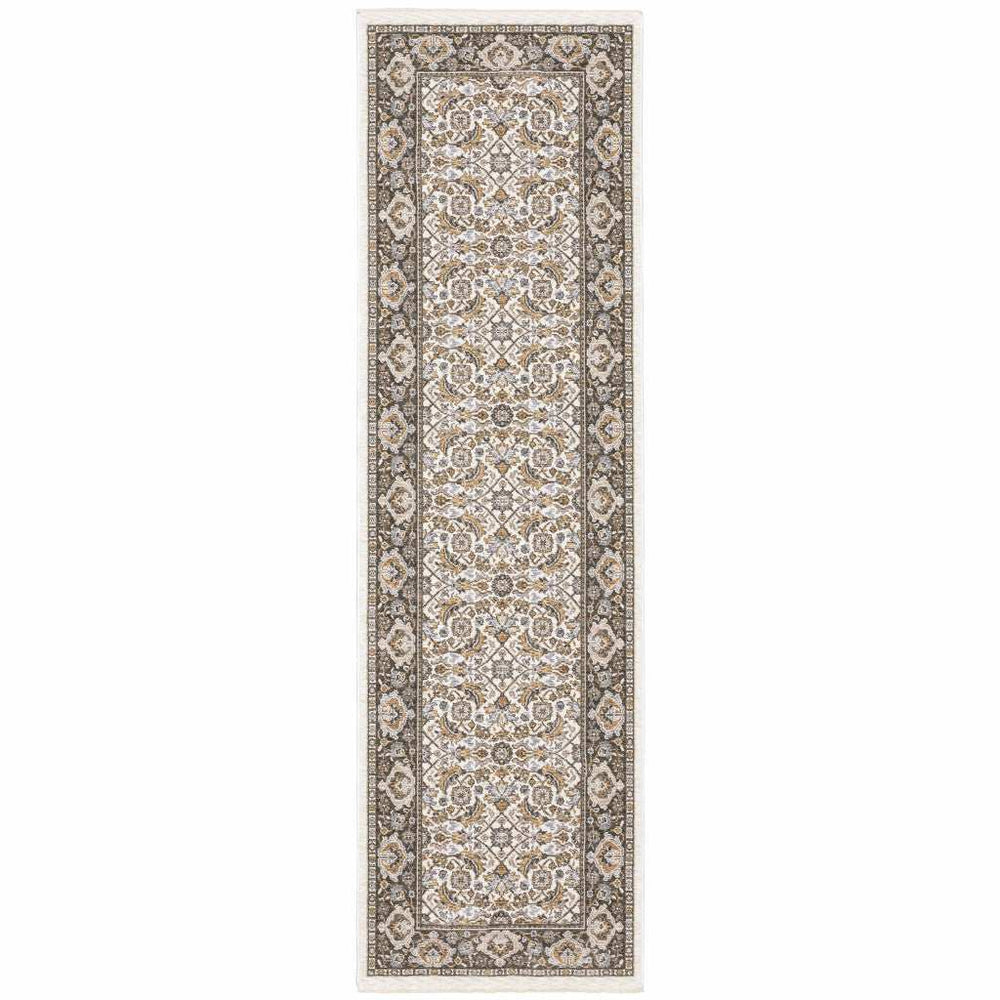 2' X 8' Ivory And Grey Oriental Power Loom Stain Resistant Runner Rug With Fringe - Homeroots - Flyclothing LLC